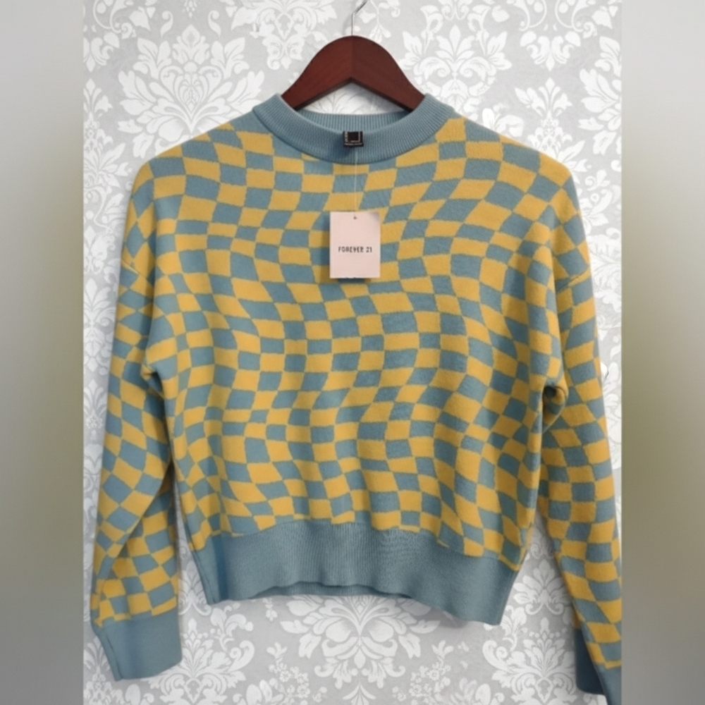 Forever 21 Checkered Wavy Pattern Sweater, Blue and Yellow, Size Small